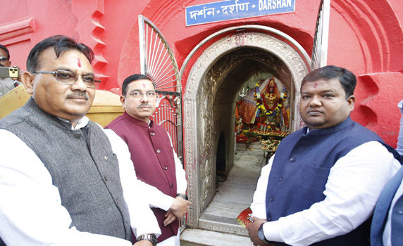 Union Minister Prahlad Joshi along with Tripura Finance minister Pranajit Singha Roy visits Mata Tripurasundari Temple in Udaipur.